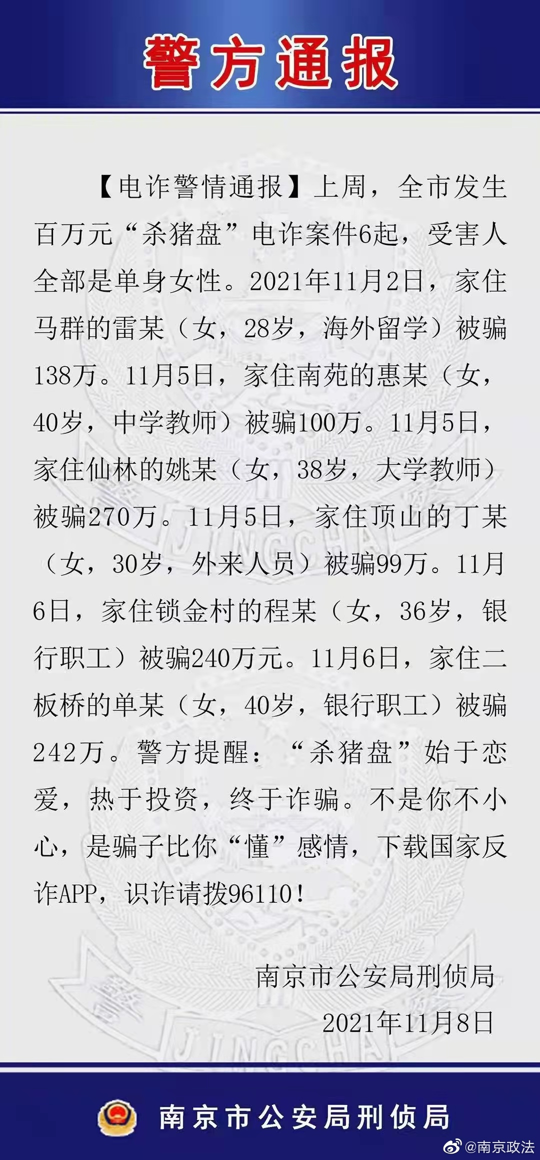 南京通报6起“杀猪盘”电信诈骗案，有大学教师被骗270万