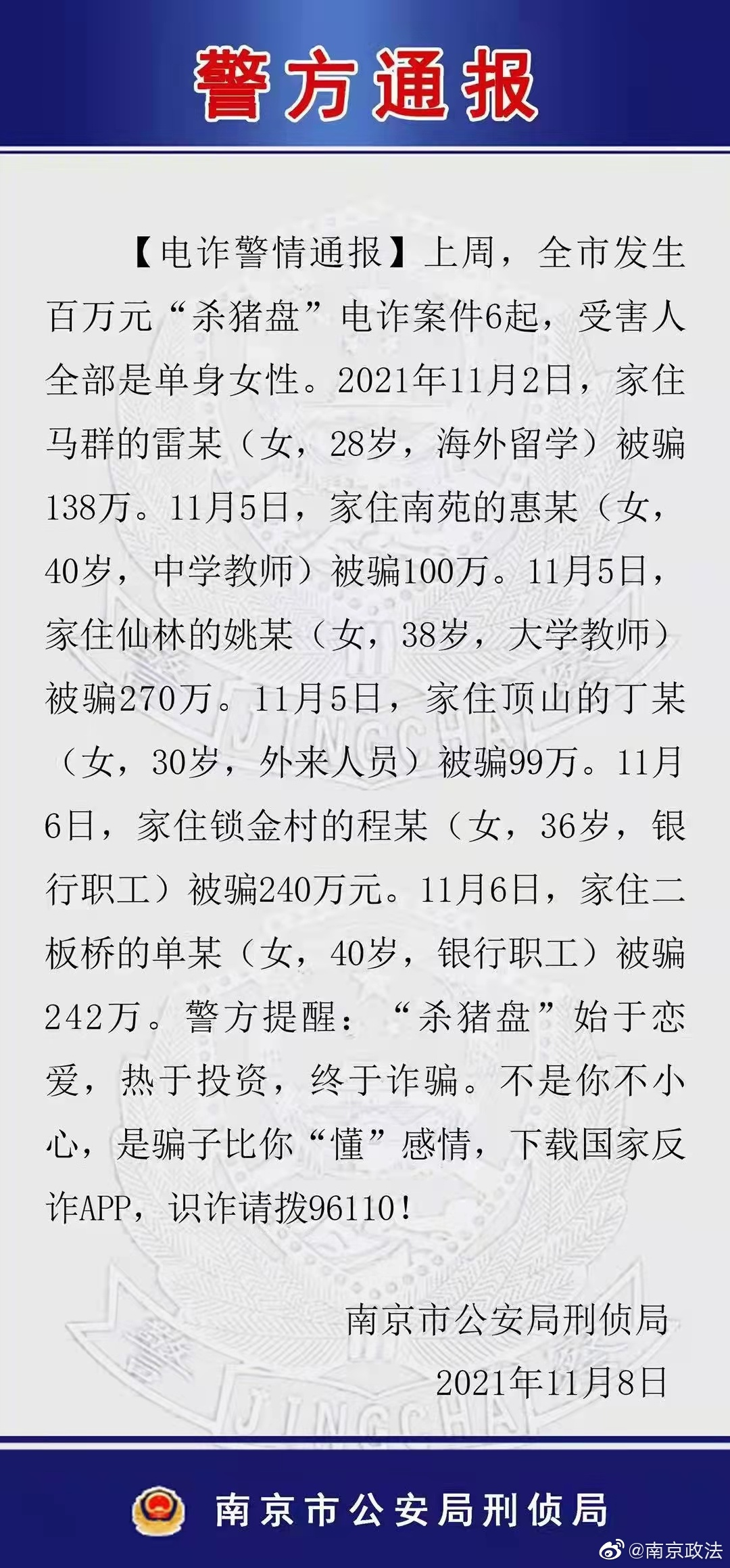 大学教师遭遇杀猪盘被骗270万元(受害人全部是单身女性)
