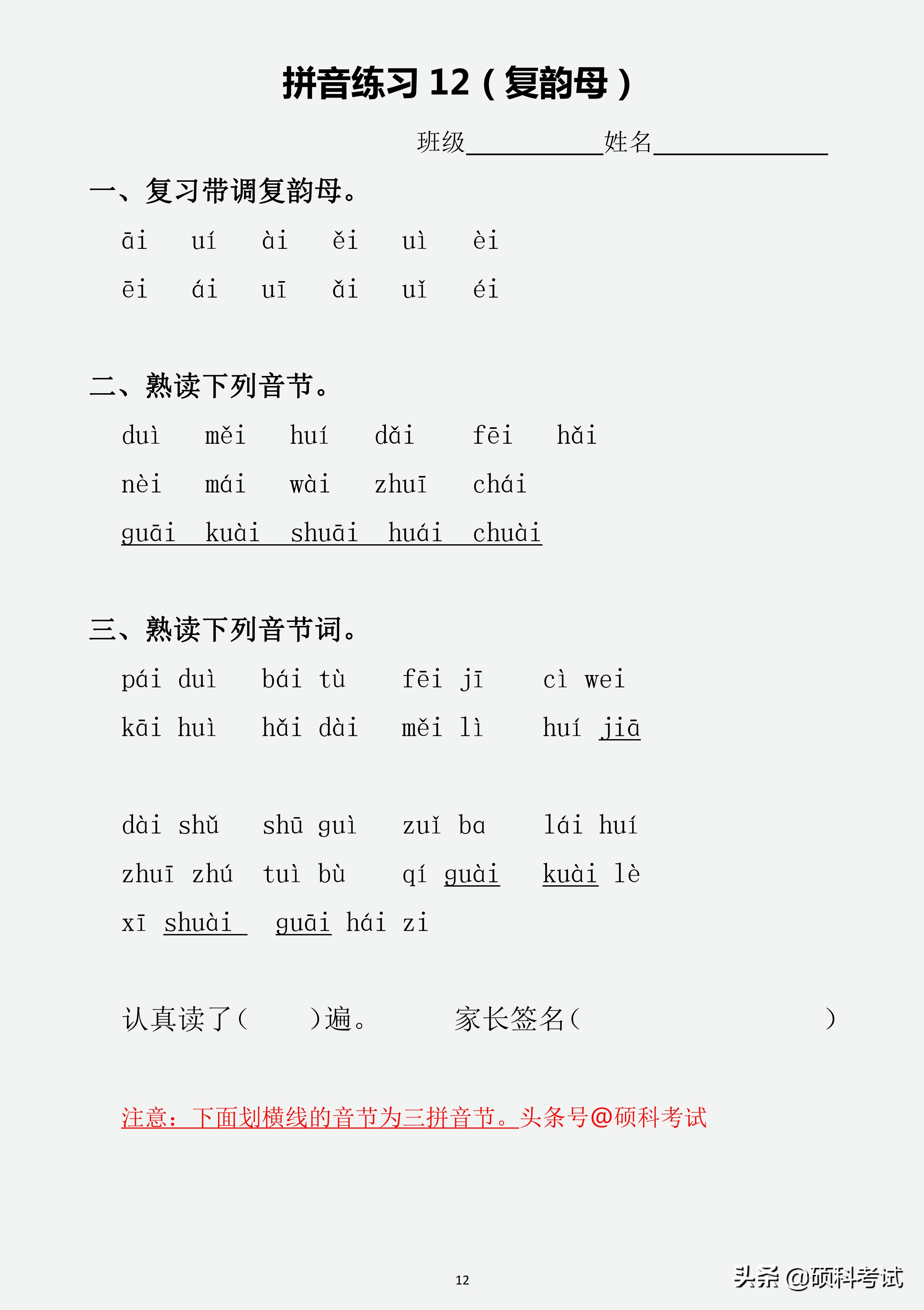 一年级汉语拼音（声母、韵母、整体认读音节、声调）专项练习