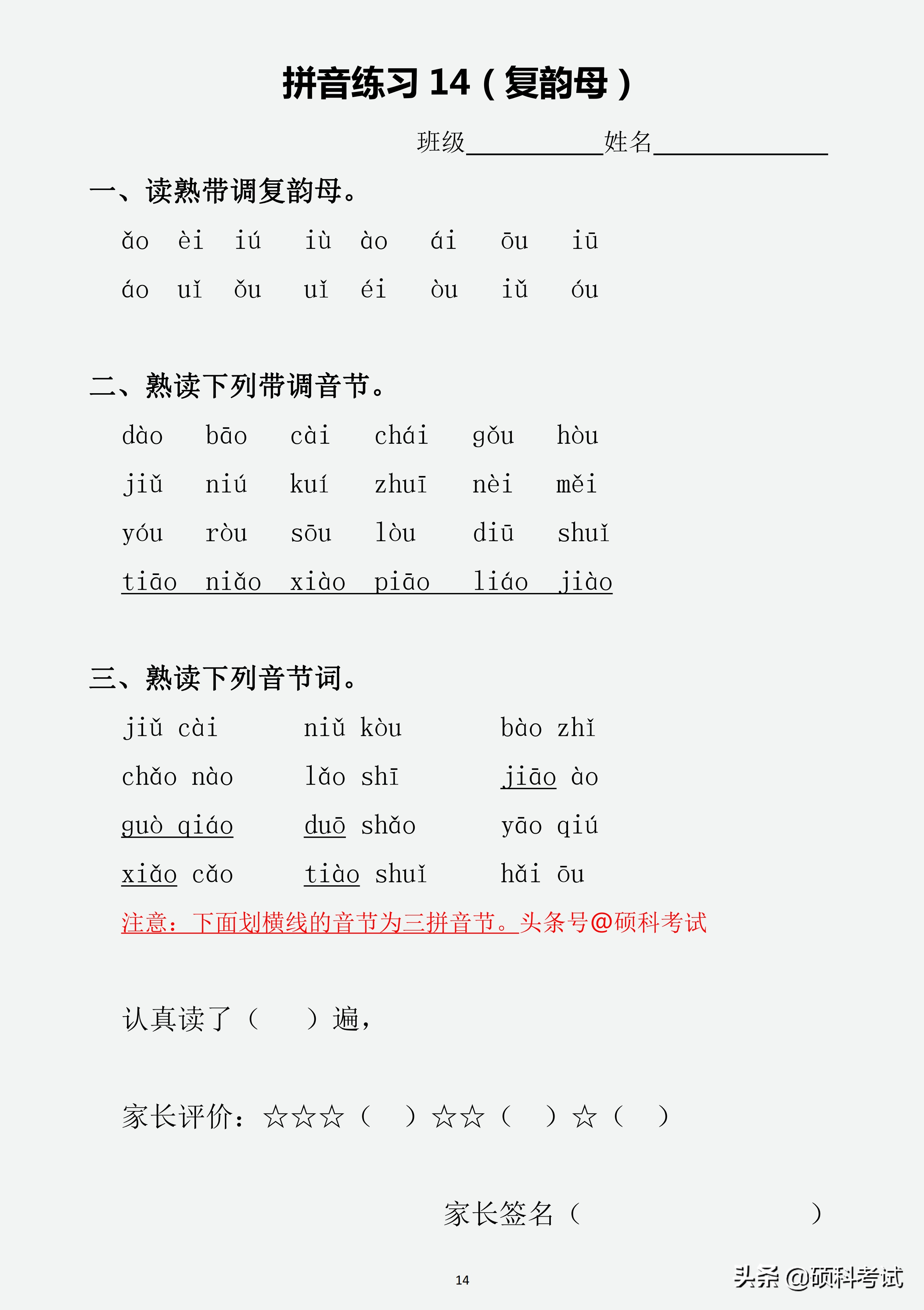 一年级汉语拼音（声母、韵母、整体认读音节、声调）专项练习
