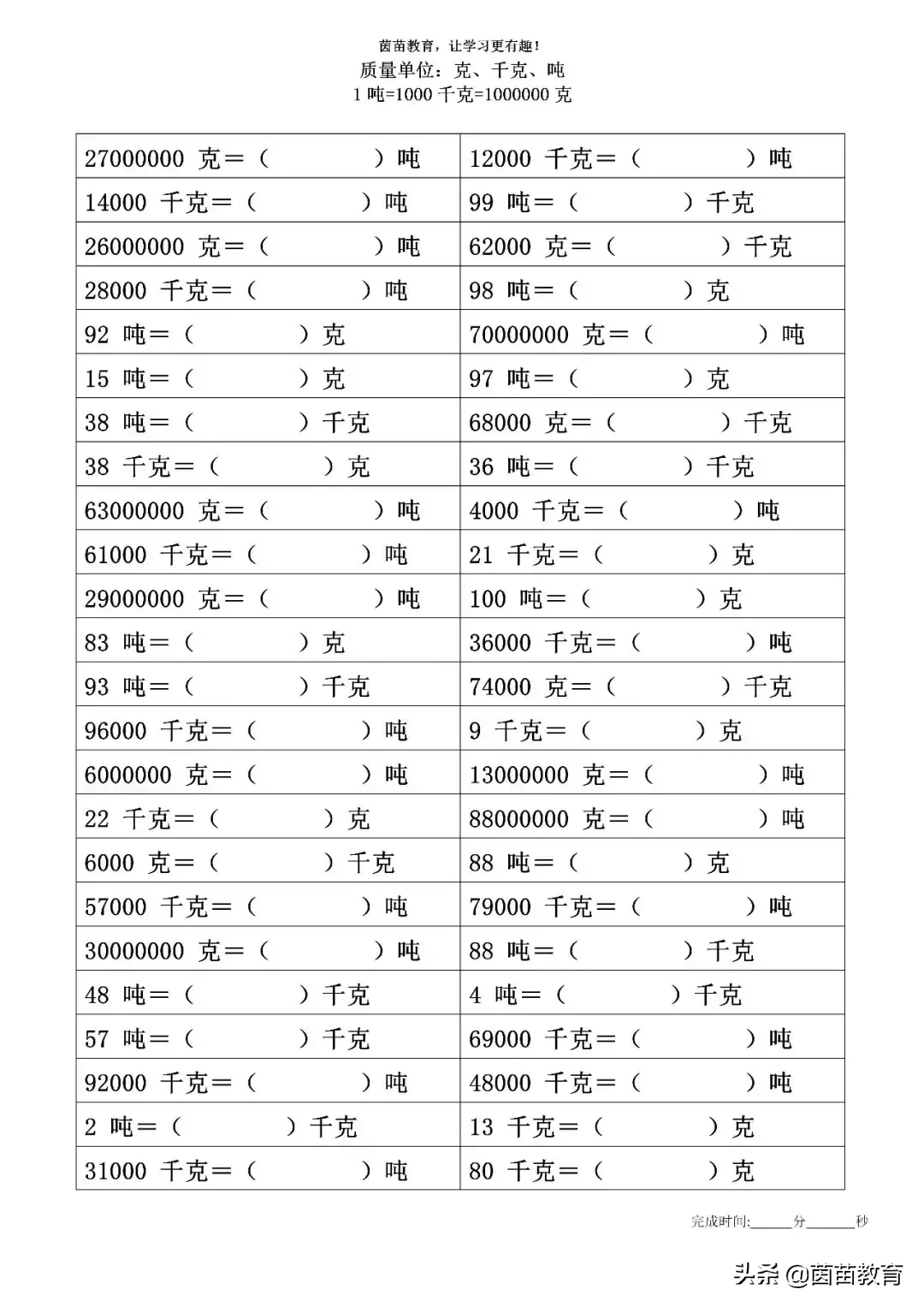 质量单位：克、千克、*的换算