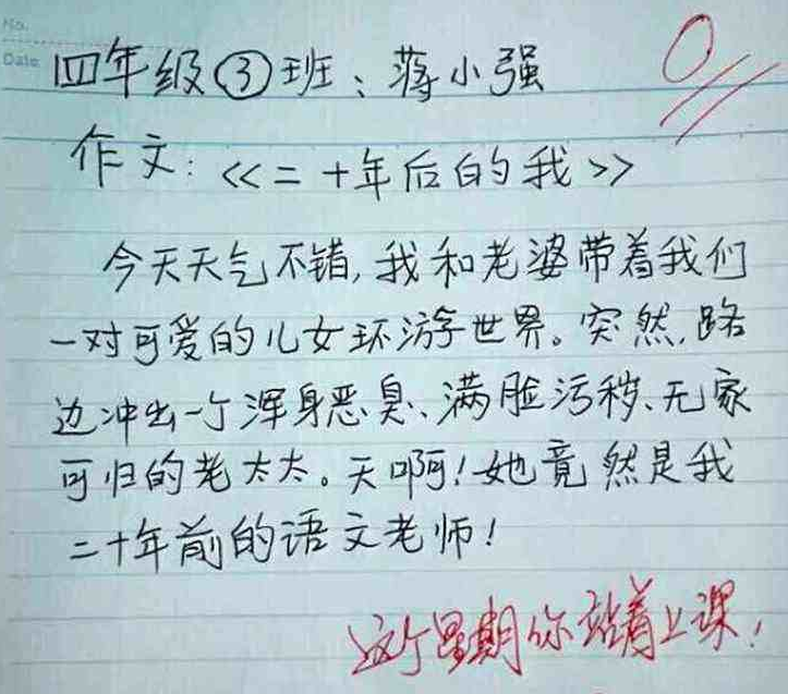 小学生脑回路清奇，“0分”作文气坏老师，网友：被耽误的段子手