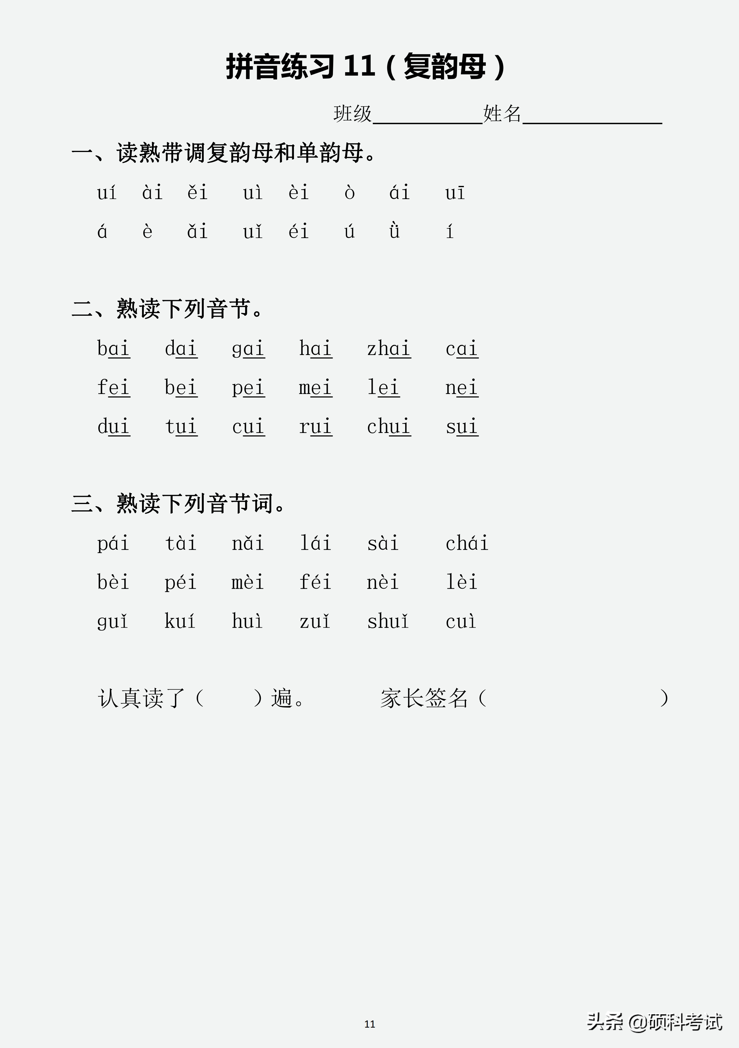 一年级汉语拼音（声母、韵母、整体认读音节、声调）专项练习
