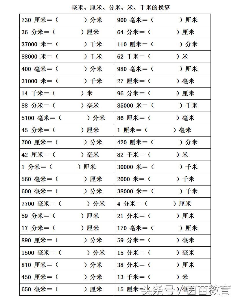 长度单位（毫米、厘米、分米、米、千米）的换算专项练习