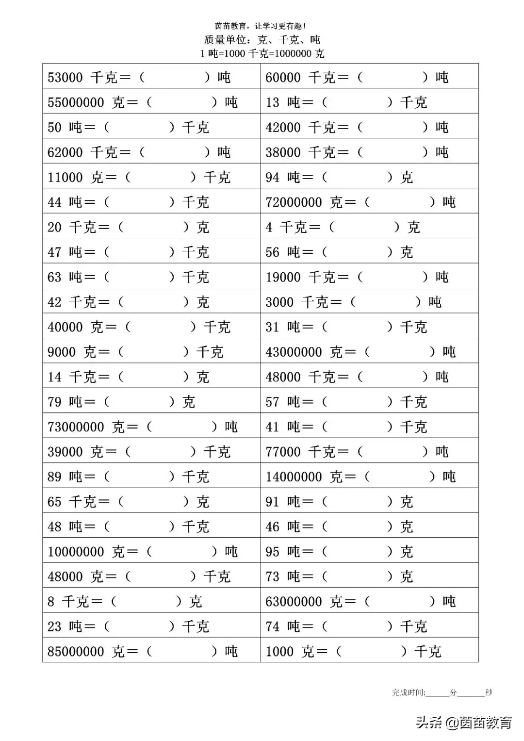 质量单位：克、千克、*的换算