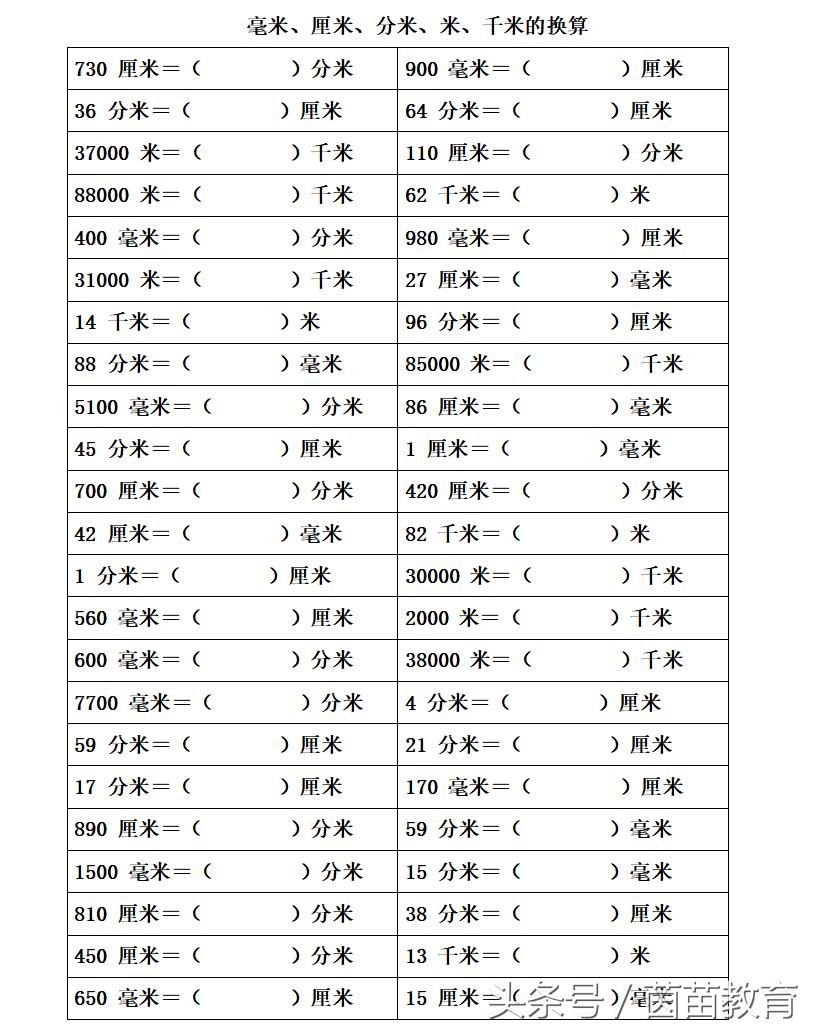 1千米等于多少米(长度单位换算表专项练习大全)