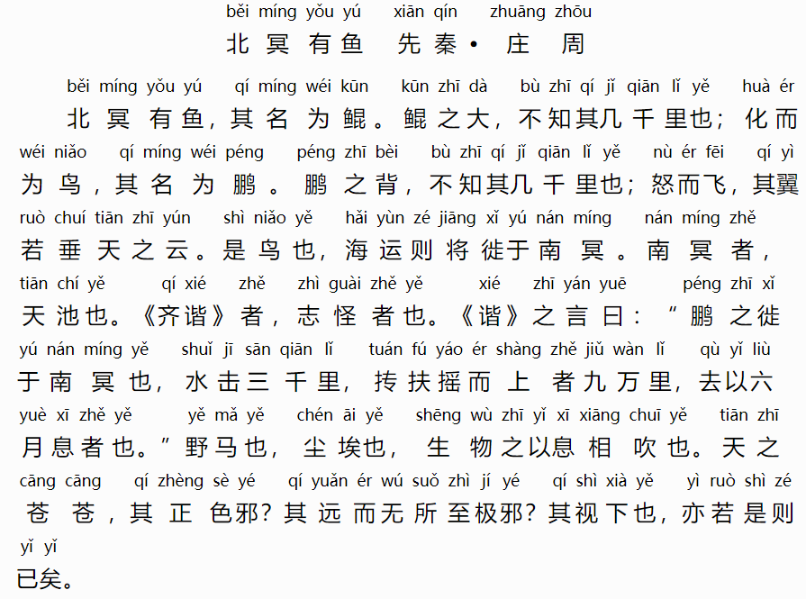 北冥有鱼拼音版(八年级下册北冥有鱼原文及翻译)