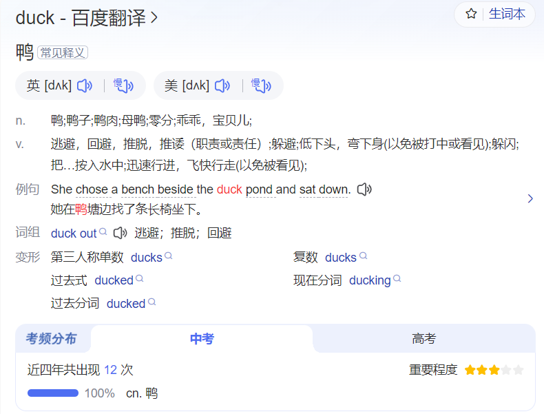 duck怎么读什么意思(英语单词在线中文翻译和来源)